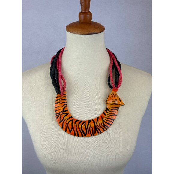 Vintage Tiger Bib Necklace Red Black Wood Beads Hand Painted Statement - Picture 1 of 7